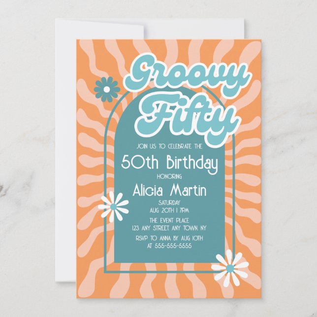 Invitación Ola Retro Sun Daisy Groovy Verde 50 cumpleaños (Anverso)