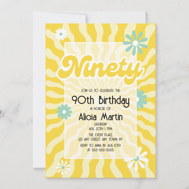 Invitación Ola Retro Sun Daisy Ninety 90th Birthday (Anverso)