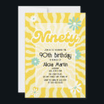 Invitación Ola Retro Sun Daisy Ninety 90th Birthday<br><div class="desc">Prepárate para retroceder en el tiempo con nuestra encantadora invitación Retro Sun Wave Daisy 90th Birthday! Capturando perfectamente el espíritu de nostalgia y alegría, estas invitaciones marcarán el ánimo adecuado para un hito en el cumpleaños 90. El diseño cautiva un encanto retro con sus olas de sol radiantes y sus...</div>