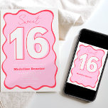 Invitación Ola rosa roja retro sacudidamente atrevida Sweet 1<br><div class="desc">¿Listo para rodar tu dulce fiesta de cumpleaños de 16? Nuestra audaz invitación rosa rosa 16 le dará un toque de creatividad a su día. Con un tamaño de letra de 16 negrita con contornos (todos los colores son editables) en rosa y rojo retro, con un marco ondulado ligeramente retro....</div>