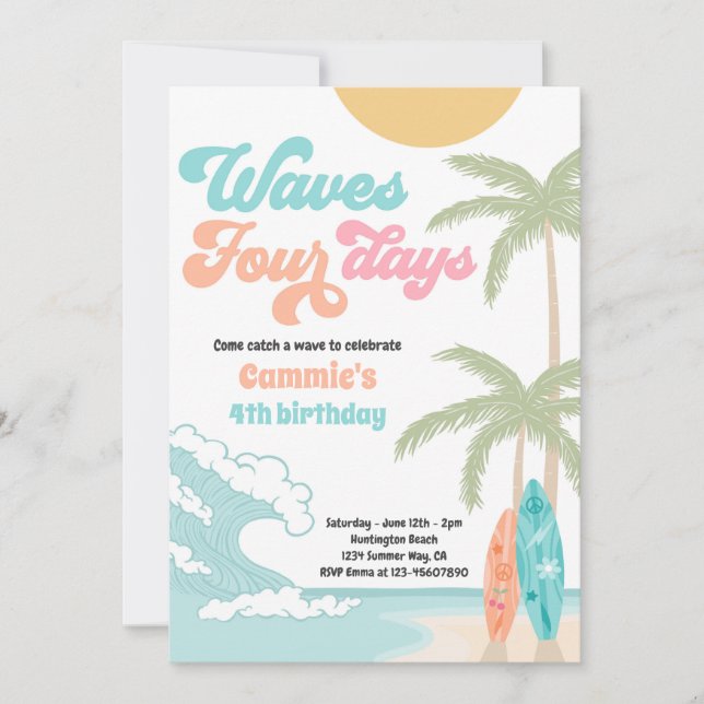 Invitación Olas 4 días de la playa de Retro Surf 4 cumpleaños (Anverso)