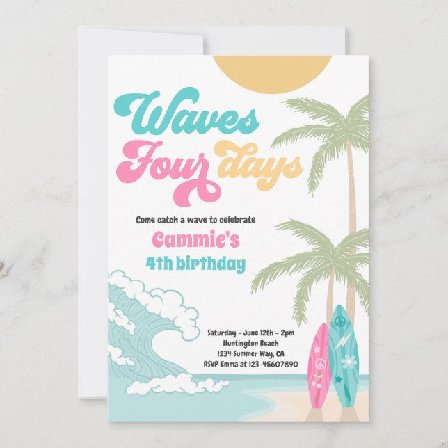 Invitación Olas 4 días de la playa de Retro Surf 4 cumpleaños (Anverso)