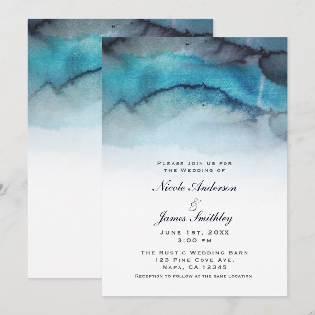 Invitación Olas abstractas costeras de playa de acuarela azul (Anverso / Reverso)