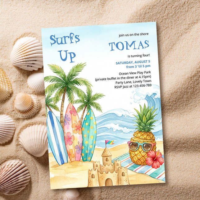 Invitación Olas altas Aloha Fiesta Tropical de Cumpleaños par (Surfs Up kids beach party birthday invitation by Darling & May)