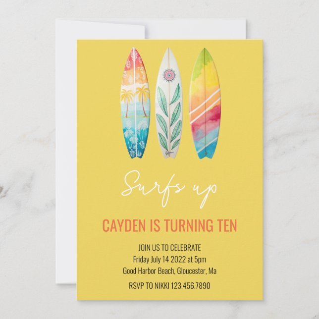 Invitación Olas Arriba CHICO Tabla de surf playa Cumpleaños d (Anverso)