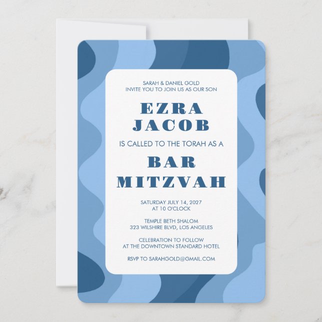 Invitación Olas azules Modernas Resumen Bar Personalizado Mit (Anverso)