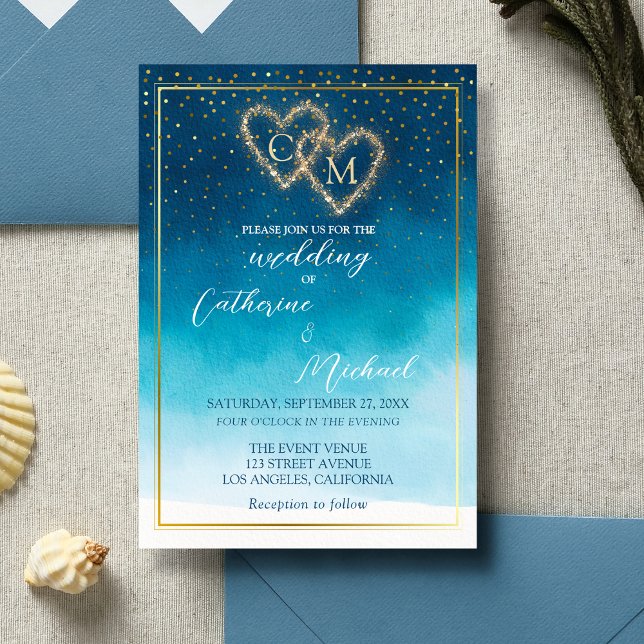 Invitación Olas De Acuarela Azul Oceánico Con Boda De Monogra (Subido por el creador)