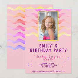 Invitación Olas de Arcoíris Chica Rosa Foto Fiesta de Cumplea