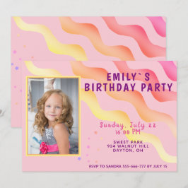 Invitación Olas de Arcoíris Estrellas Rosa Chica Foto Cumplea