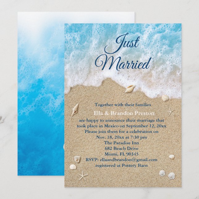 Invitación Olas de Blue Beach acaban de casarse con Boda Post (Anverso / Reverso)