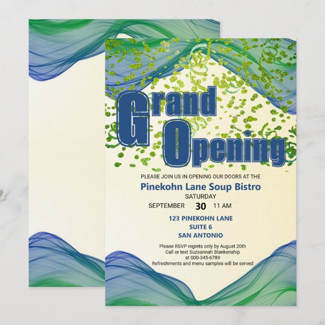 Invitación Olas de borde azul y verde de gran inauguración  (Anverso / Reverso)