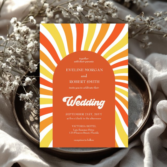 Invitación Olas de groovía retro boda solar amarillo naranja (Retro groovy waves orange yellow sun wedding invitation)