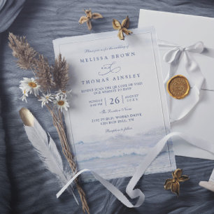 Invitación Olas de Océano Azul Blanco Código QR Bodas Acuarel