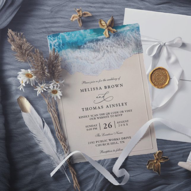 Invitación Olas de Océano Azul Playa Tropical Código QR Boda (Subido por el creador)