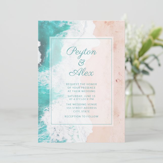 Invitación Olas de océano turquesa playa boda tropical  (Anverso de pie)