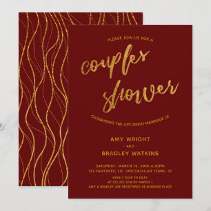 Invitación Olas de oro Escritura a mano Ducha de Parejas Roja