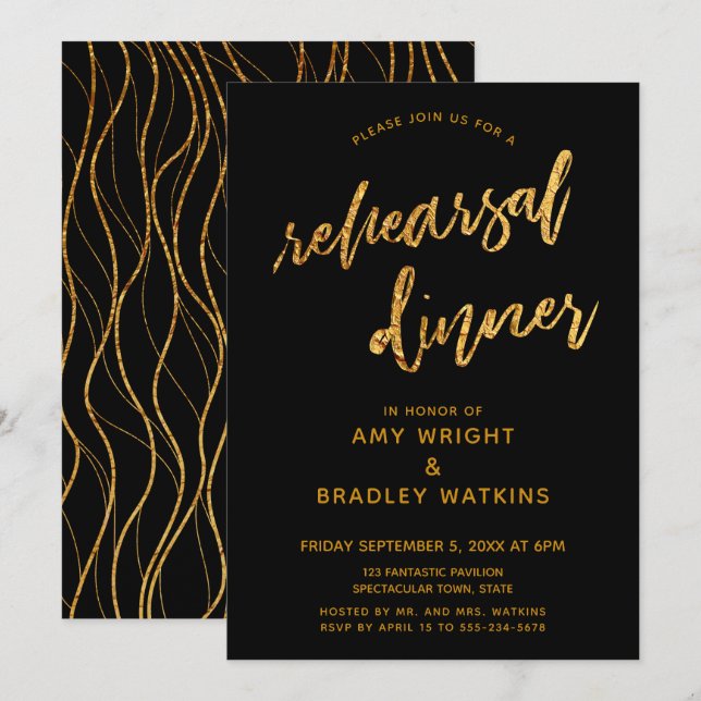 Invitación Olas de oro Escritura a mano Negro Ensayo de cena (Anverso / Reverso)