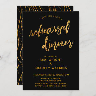 Invitación Olas de oro Escritura a mano Negro Ensayo de cena