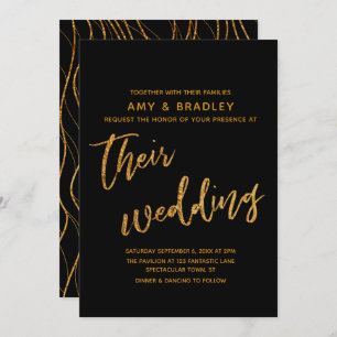 Invitación Olas de oro modernas y Boda negro de escritura a m