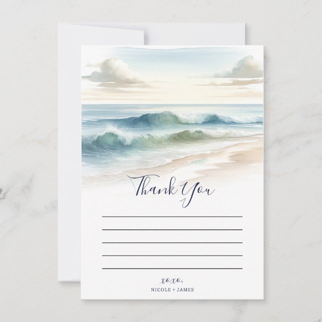 Invitación Olas de Playa Acuarela Costera Rústica Gracias (Anverso)