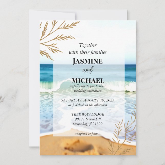 Invitación Olas de playa azules doradas  (Anverso)