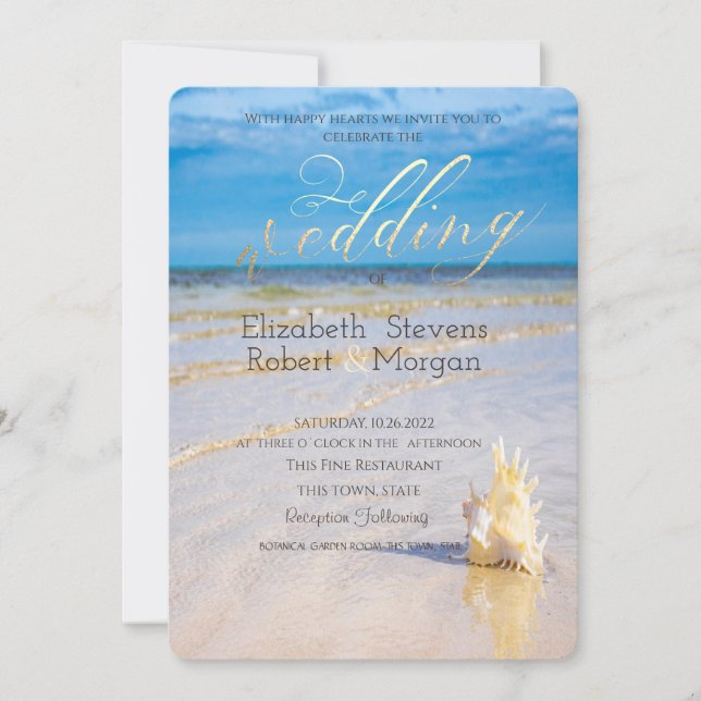 Invitación Olas de Playa Boda de Conchas Marinas (Anverso)