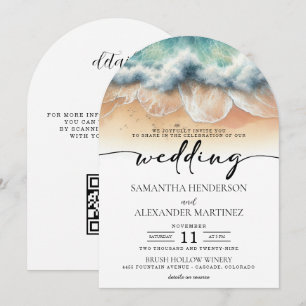 Invitación Olas de Playa con Boda de Código QR