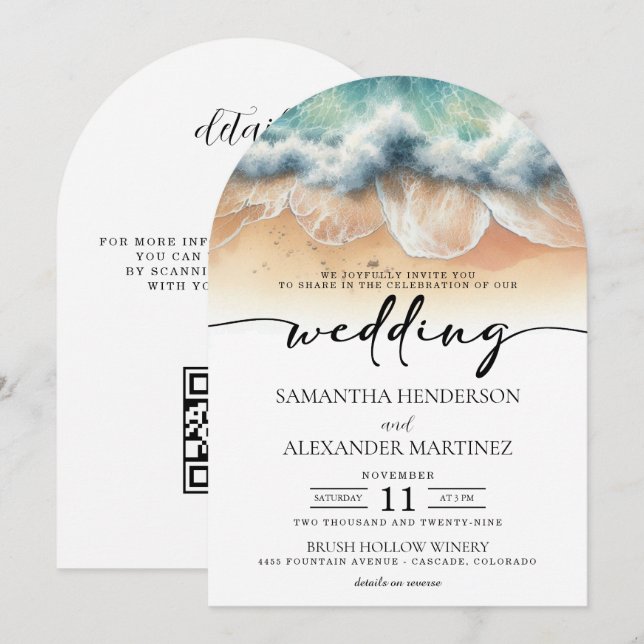 Invitación Olas de Playa con Boda de Código QR (Anverso / Reverso)
