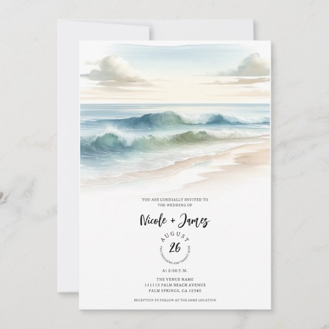 Invitación Olas de playa en acuarela boda rústica costera (Anverso)