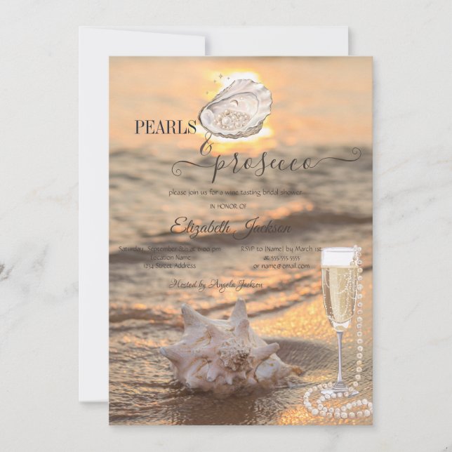 Invitación Olas de Playa Puesta de Sol Conchas Perlas y Prose (Anverso)