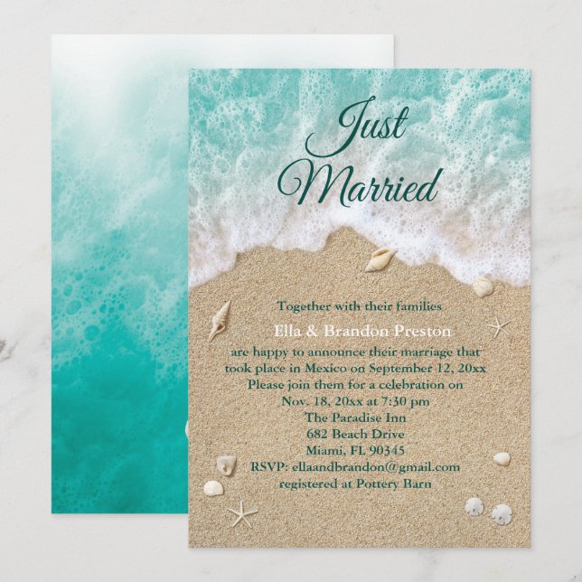 Invitación Olas de playa recién casadas Boda Post (Anverso / Reverso)