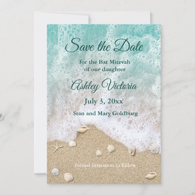 Invitación Olas de Playa Turquesa Bat Mitzvah Guardar la Fech (Anverso)