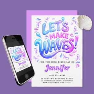 Invitación Olas de surfista moradas y rosadas divertidas