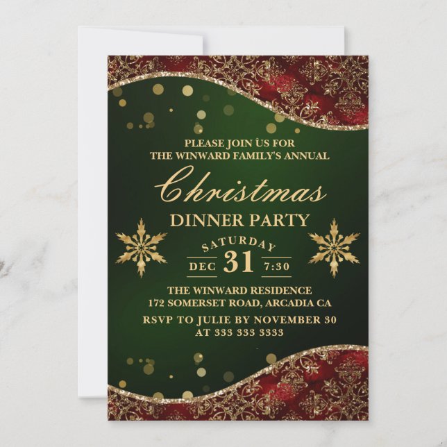 Invitación Olas de terciopelo ornamentadas rojas y doradas Ce (Anverso)