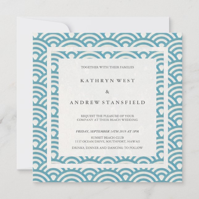 Invitación Olas del Mar Verde Azul Elegante Boda de Playa (Anverso)