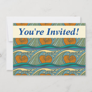 Invitación Olas del océano azul Nautilus Seashell Pattern Nou