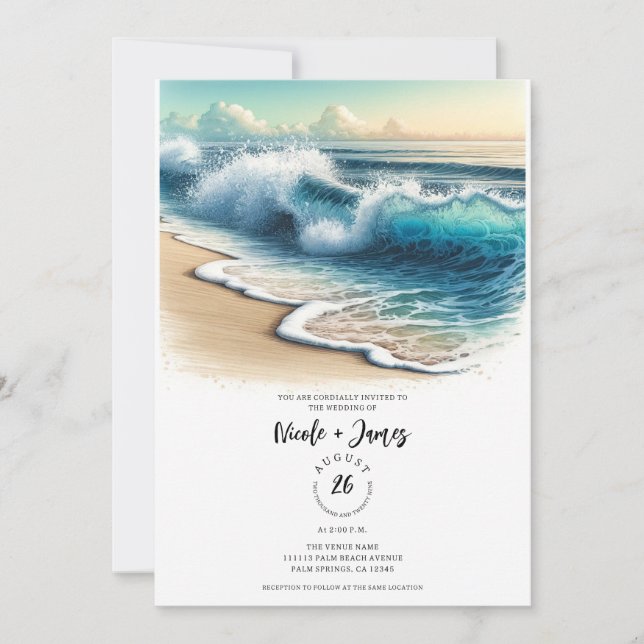 Invitación Olas del Océano Rompiendo Rústica Boda de Playa Co (Anverso)