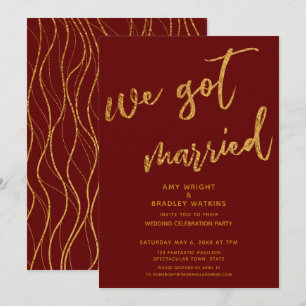 Invitación Olas Doradas Nos Casamos Recepción Rojo Burdeos