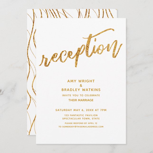 Invitación Olas doradas y recepción de boda blanca con letra  (Anverso / Reverso)