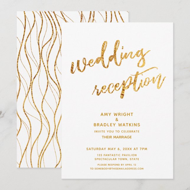 Invitación Olas doradas y recepción de boda blanca con letra  (Anverso / Reverso)