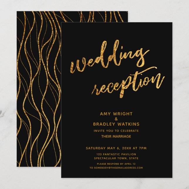 Invitación Olas doradas y recepción de boda negra con letra m (Anverso / Reverso)