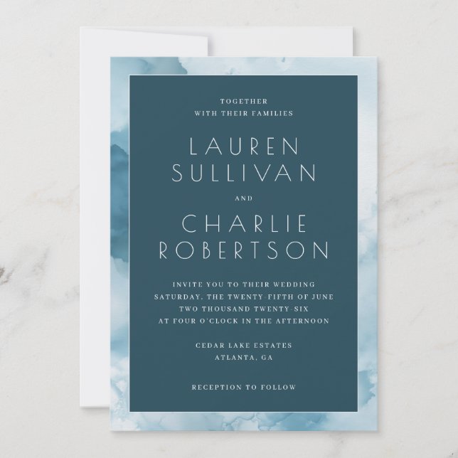 Invitación Olas Elegantes de Acuarela Azul (Anverso)