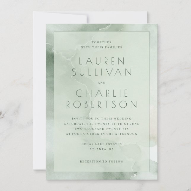 Invitación Olas Elegantes de Acuarela Verde (Anverso)