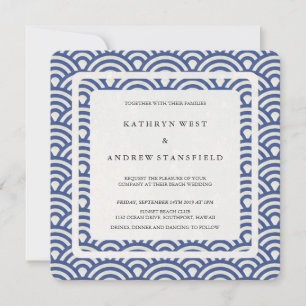 Invitación Olas estilizadas azules + blancas Boda de playa mo