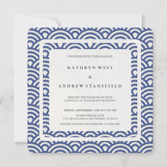 Invitación Olas estilizadas azules + blancas Boda de playa mo (Anverso)