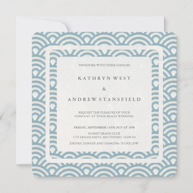Invitación Olas estilizadas azules + blancas Boda de playa mo (Anverso)
