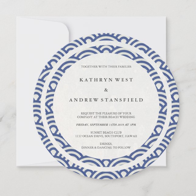 Invitación Olas estilizadas azules y blancas Elegante Boda Pl (Anverso)