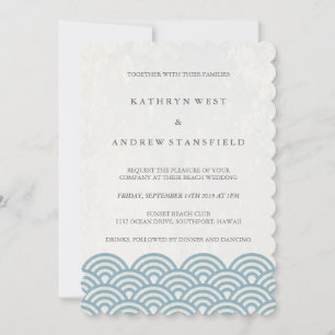 Invitación Olas estilizadas azules y blancas Elegante Boda Pl