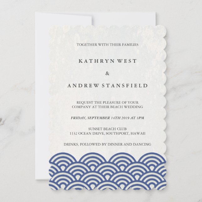 Invitación Olas estilizadas azules y blancas Elegante Boda Pl (Anverso)