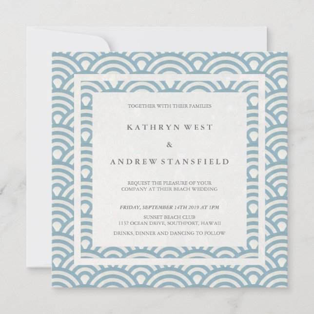 Invitación Olas estilizadas azules y blancas Elegante Boda Pl (Anverso)